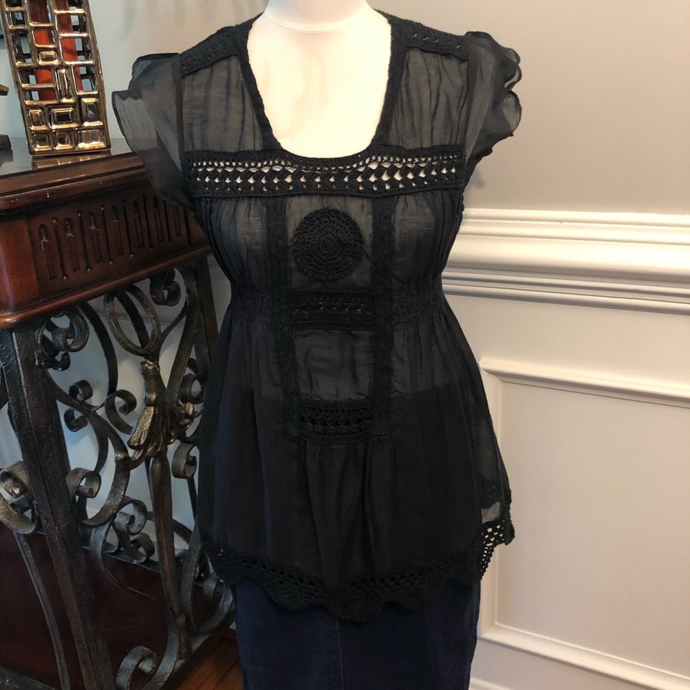 Christina Jacobs Black Top, Crochet Accents Size M